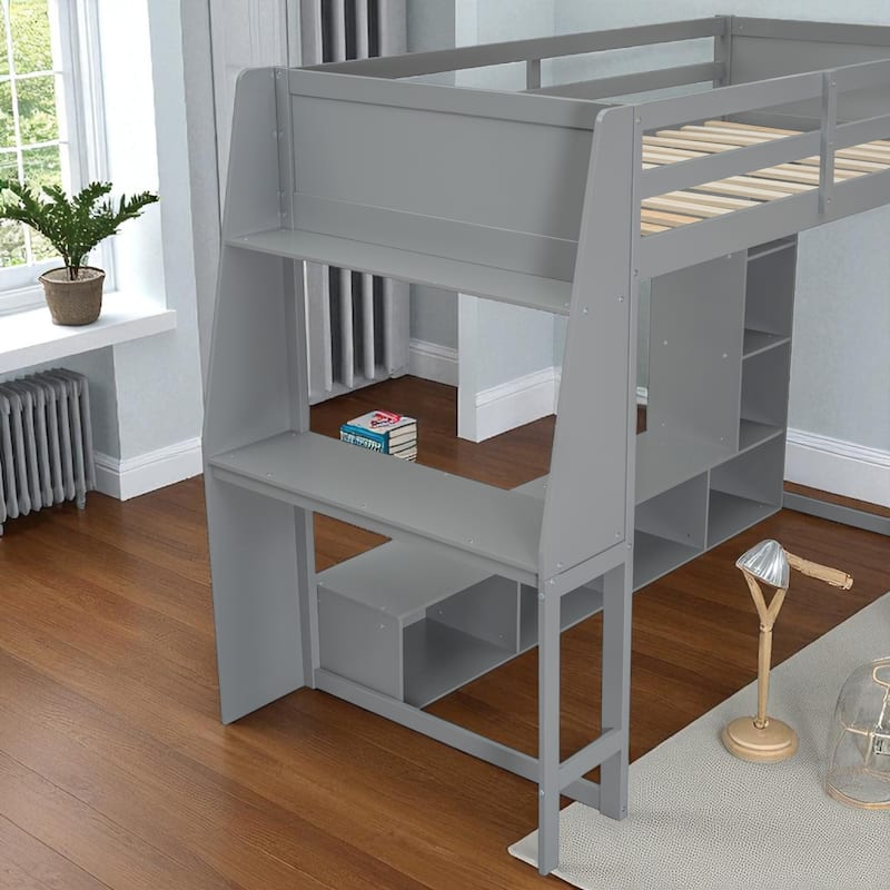 Twin/Full Size Gray Gaming Loft Bed with Desk, Storage Cabinets, LED Lighting & Hanging Clothes Rack
