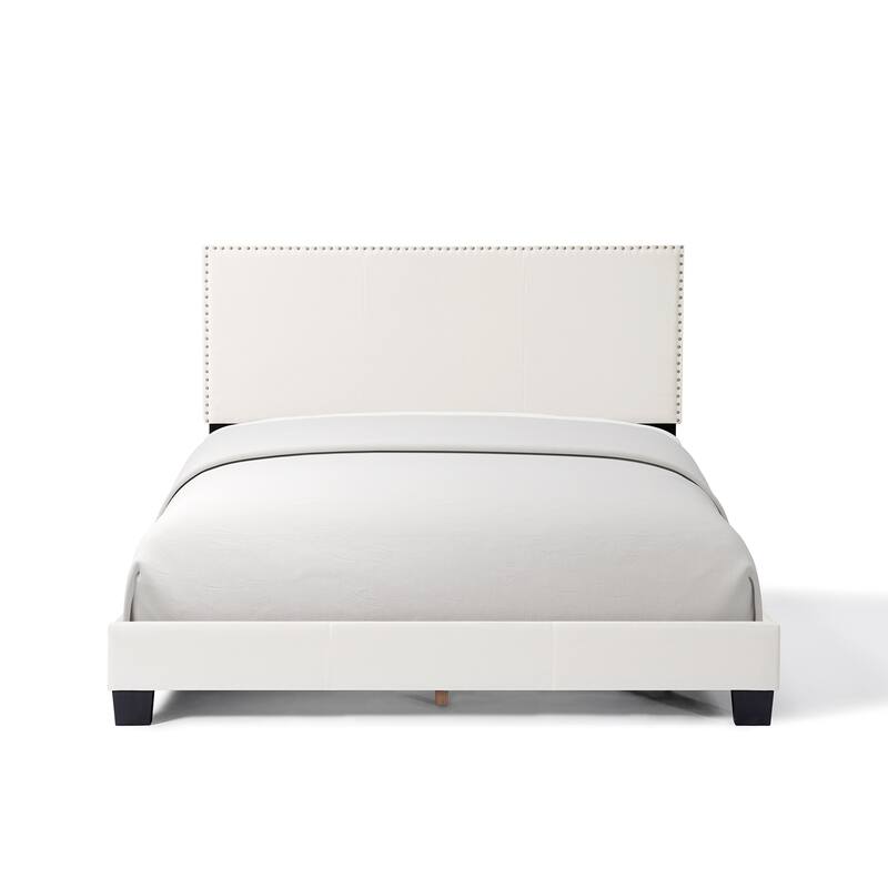 Full/Queen Size Platform Bed Frame, Bedroom Upholstered Bed with Nailhead Trim Headboard, No Box Spring Needed