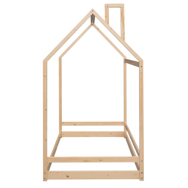 Kids Twin House Bed with Roof, Semi-Enclosed Play Area, and Sturdy Pine Frame