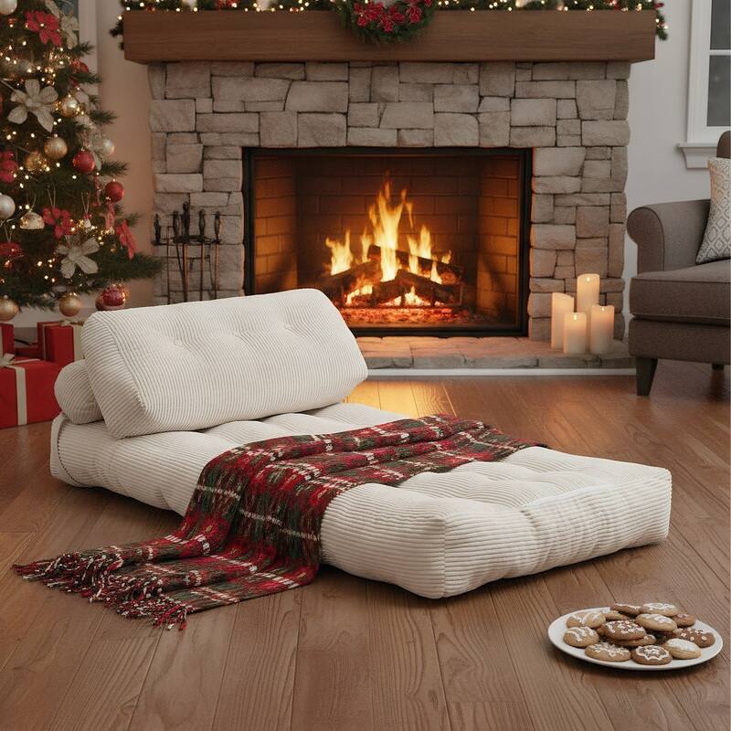 Mixoy W32''/W50'' Corded Velvet Fabric Folding Floor Lazy Futon Sofa Bed - L73''*W32''*H7.7'' - Beige