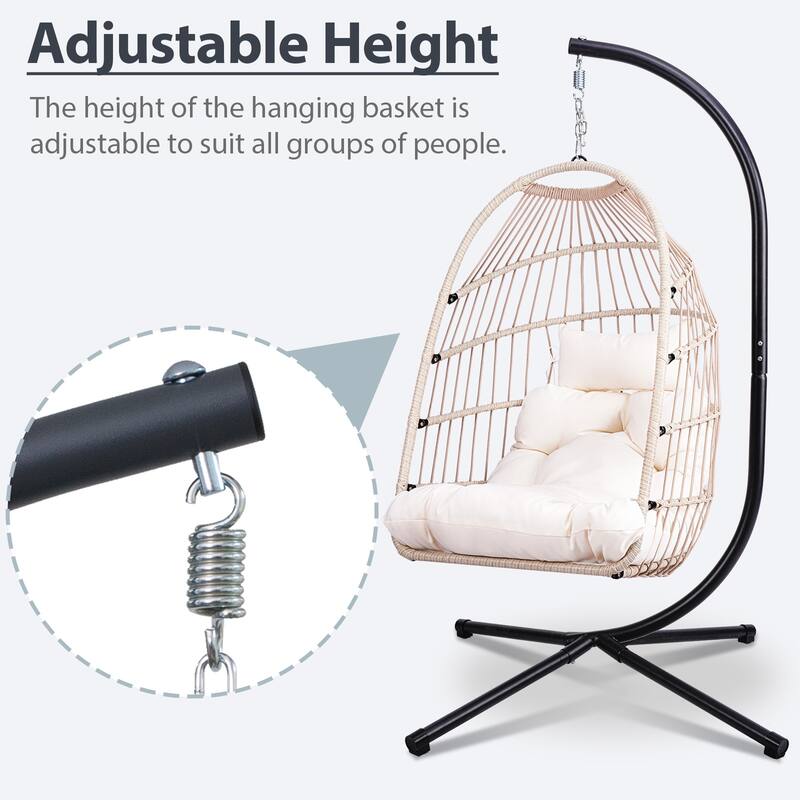 Outdoor Egg Hanging Chair, Swing Chair with Stand & Aluminum-Steel Frame, Patio Rattan Wicker Hanging Swing Egg Chair