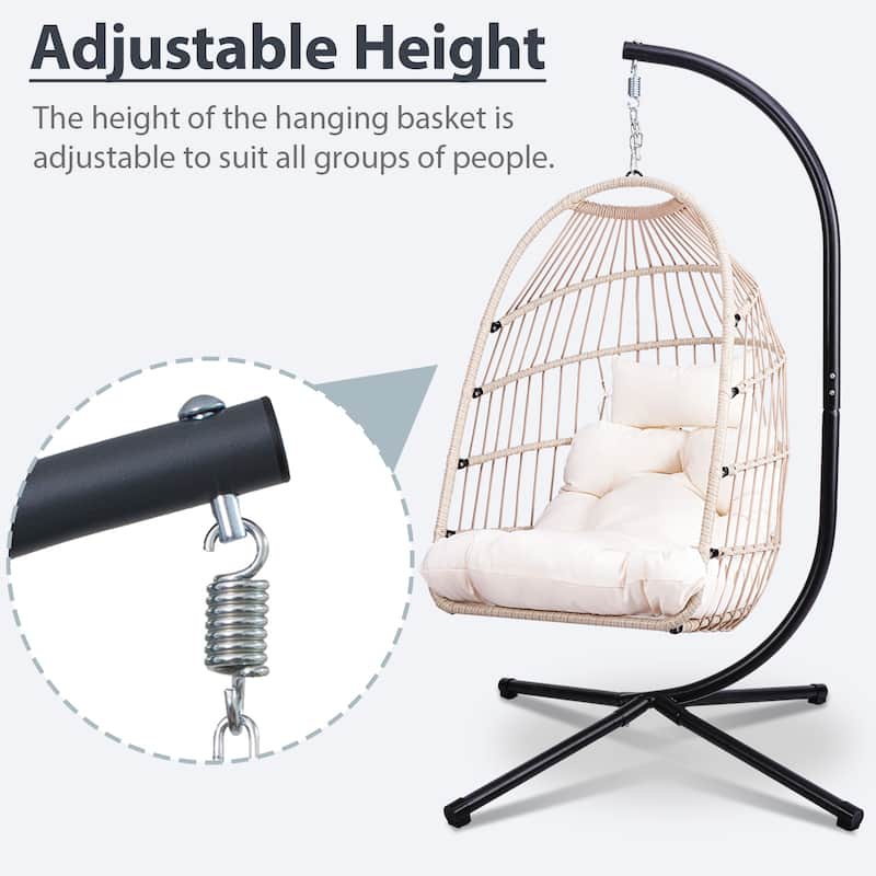 Outdoor Hammock Egg Chair with Stand, Patio Wicker Foldable Swing Chair Hanging Chair with Washable Cushion