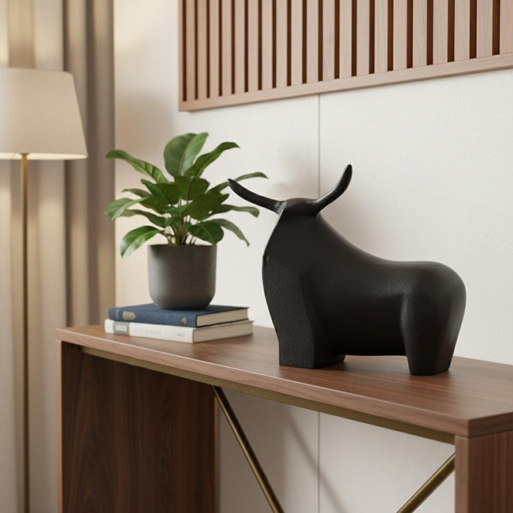 HomeRoots 8" Black Aluminum Bull Tabletop Sculpture - 9.50 in. x 7.75 in. x 3.25 in.