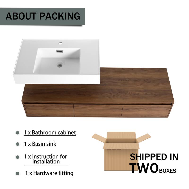 Contemporary Floating Bathroom Vanity with Durable Plywood Base and Spacious Storage - 58.7in L