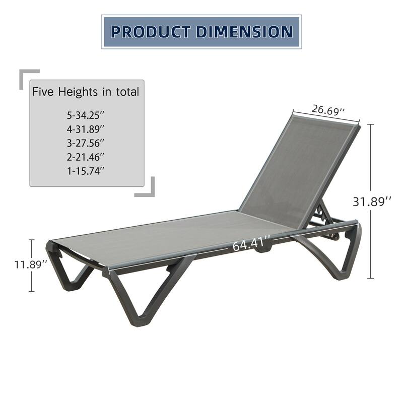 Patio Chaise Lounge Outdoor Aluminum Polypropylene Chair With Adjustable Backrest, Poolside Sunbathing Chair
