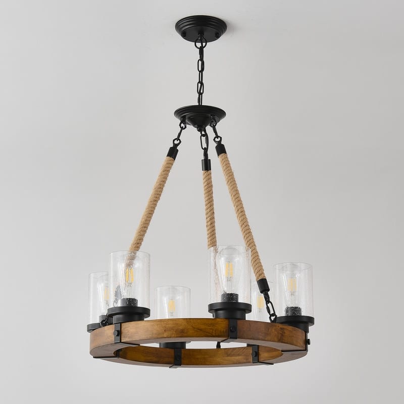 Farmhouse Wagon Wheel Chandelier Round Wood Pendant Lighting Fixture for Dining Room