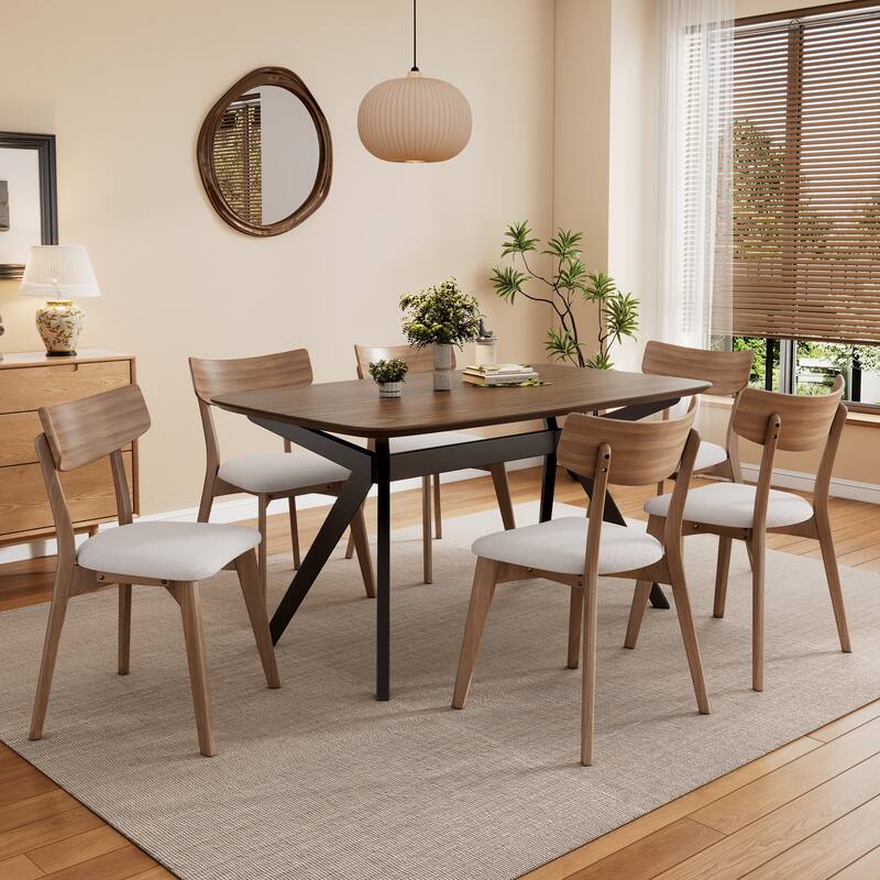 Roomfitters Dining Set Mid-Century Modern Solid Rubberwood Table Upholstered Chairs, Light Beige Walnut