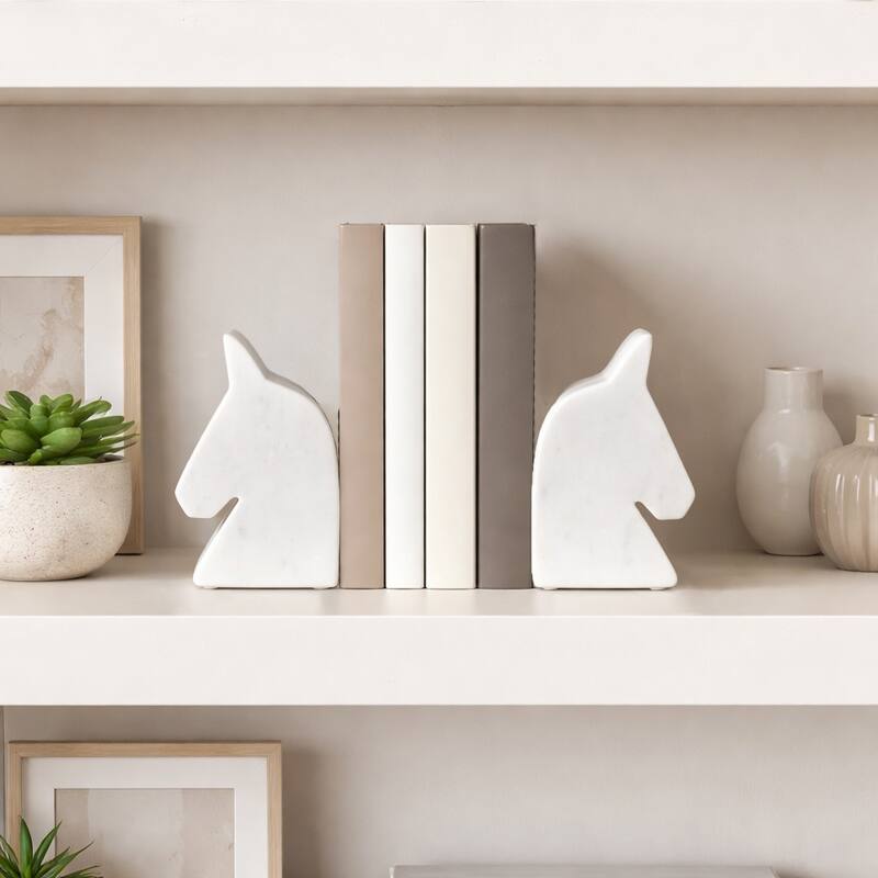 Modern Marble Horse Head Book Ends - Set of 2, 6", White - 6.0"