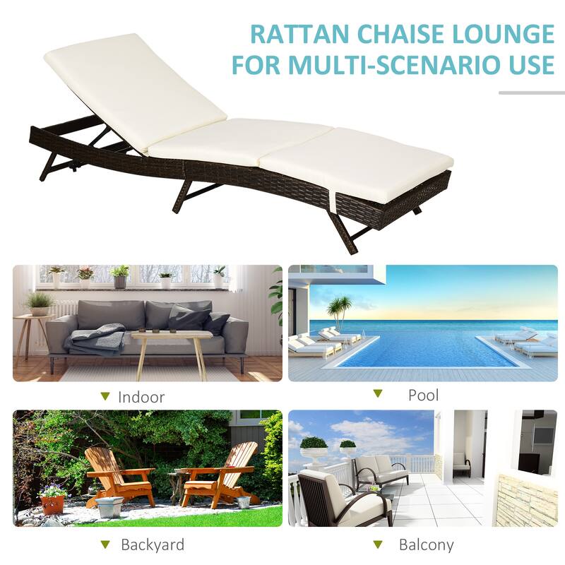 Outdoor Rattan Chaise Lounge Chair Sun Tanning Seat with Adjustable Backrest and Padded Cushion for Poolside or Patio