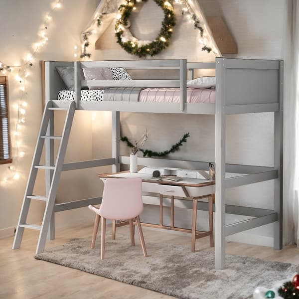 slide 2 of 14, Contemporary Solid Wood Twin Size Loft Bed with Ladder & Safety Guaranteed, Solid Construction & Versatility Galore, Grey Grey