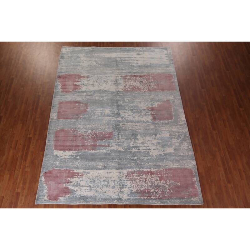Gray Abstract Indian Area Rug Hand-Knotted Wool Carpet - 8'11"x 11'11"