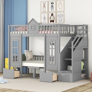 Twin-Over-Twin Bunk Bed with Convertible Desk, Solid Pine Wood, Playhouse Design, Fence-Shaped Frame, Grey