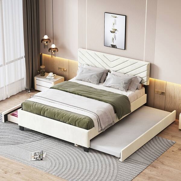 slide 2 of 10, Flannel Platform Queen Bed Frame with Twill Headboard Trundle Drawers Beige - Queen