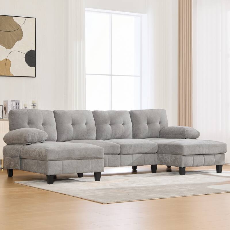U-Shaped Modular Sectional Sofa with Dual Chaise Lounges, Chenille Fabric Cloud Couch with Storage Pockets & Armrest Pillows