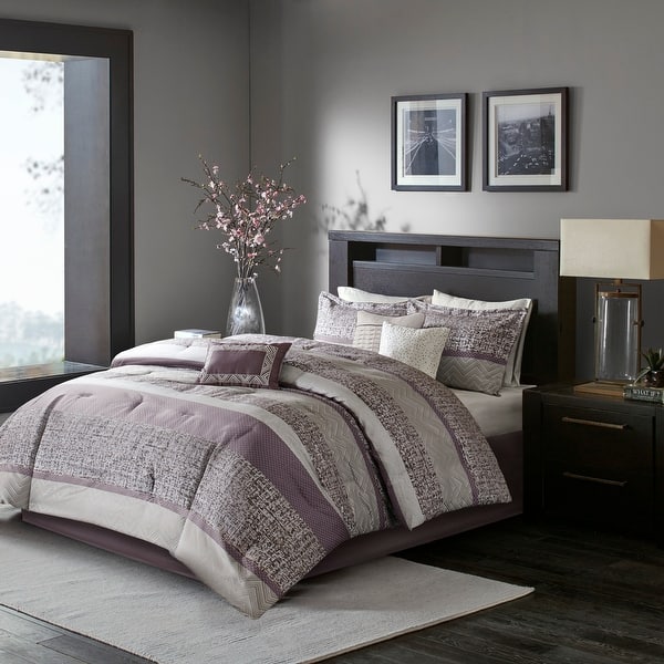 slide 2 of 16, Madison Park Rhapsody 7 Piece Jacquard Comforter Set Purple - California King