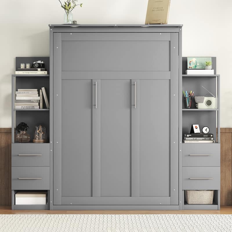 Full Size Murphy Bed Wall Bed with Shelves, Drawers and LED Lights,Gray