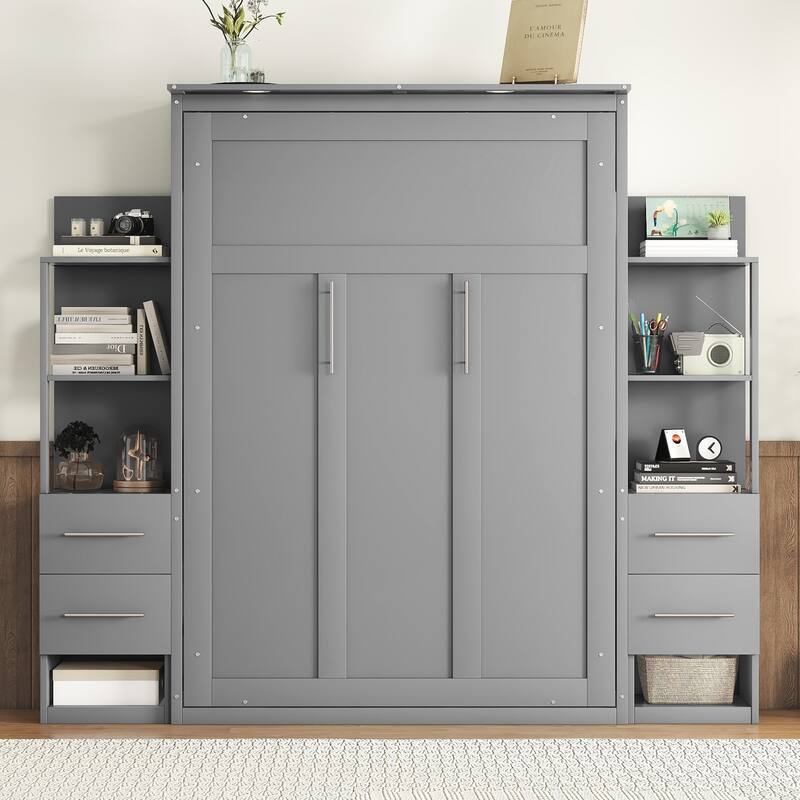 Murphy Bed Foldable Bed with Two 4-Layer Shelves Space Optimizing Wall Bed with 4 Drawers and LED Lights for Bedroom Apartment - Grey - Full