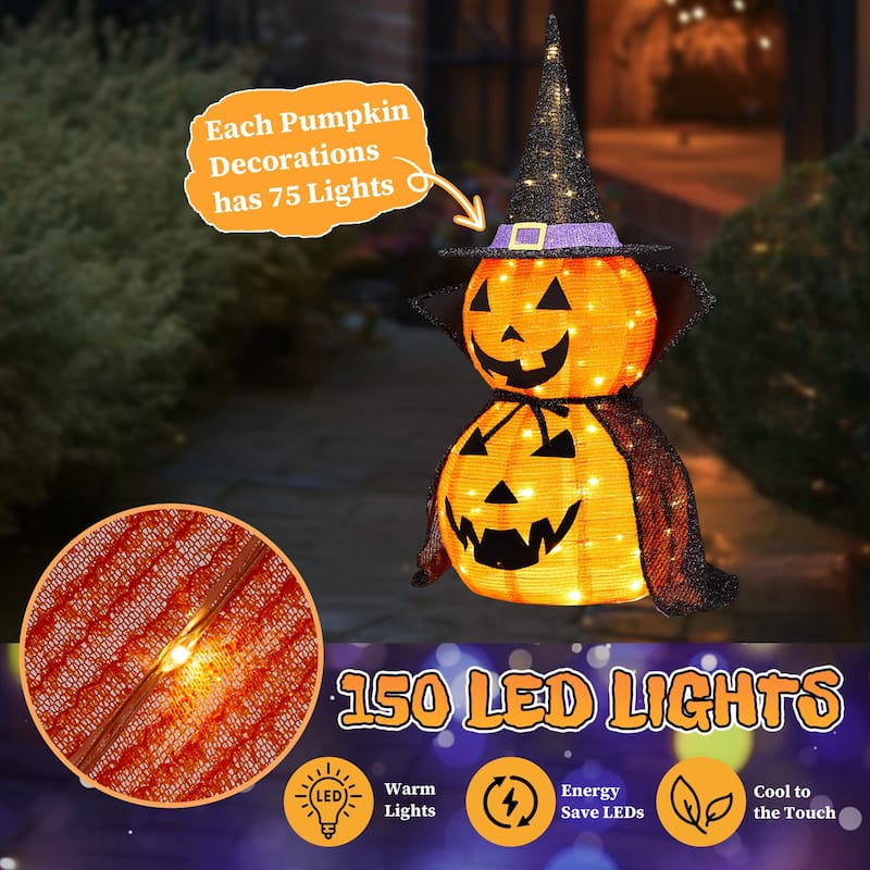 2-Pack 3 Feet Halloween Pumpkin Decorations with 176 Warm LED Lights for Indoor or Outdoor Use - 12"Dia x 36"H