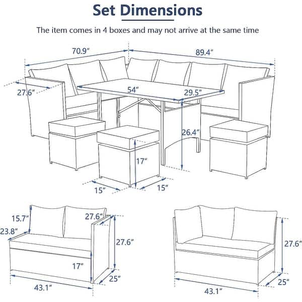 dimension image slide 6 of 7, AECOJOY 7 Pieces Patio Furniture Set Outdoor Sectional Sofa Rattan Conversation Set