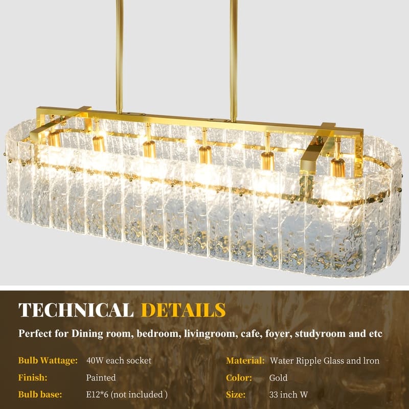 6 lights Rectangle Gold Crystal Chandeliers for Dining Room, 39" Large Linear Water Ripple Glass Island Light Fixture