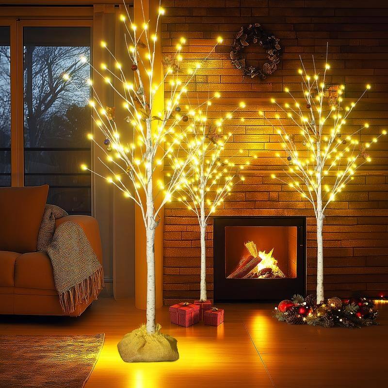 Grondin 3 Pieces Pre-Lit Christmas Lighted Artificial Birch Tree, 4FT 5FT 6FT White Lighted Birch Tree Set of 3