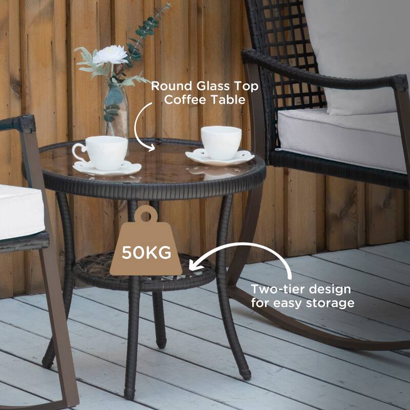 Brown Wicker Outdoor Rocking Chair Set with Cream Cushions and Table - 25.75" W x 30" D x 32.5" H