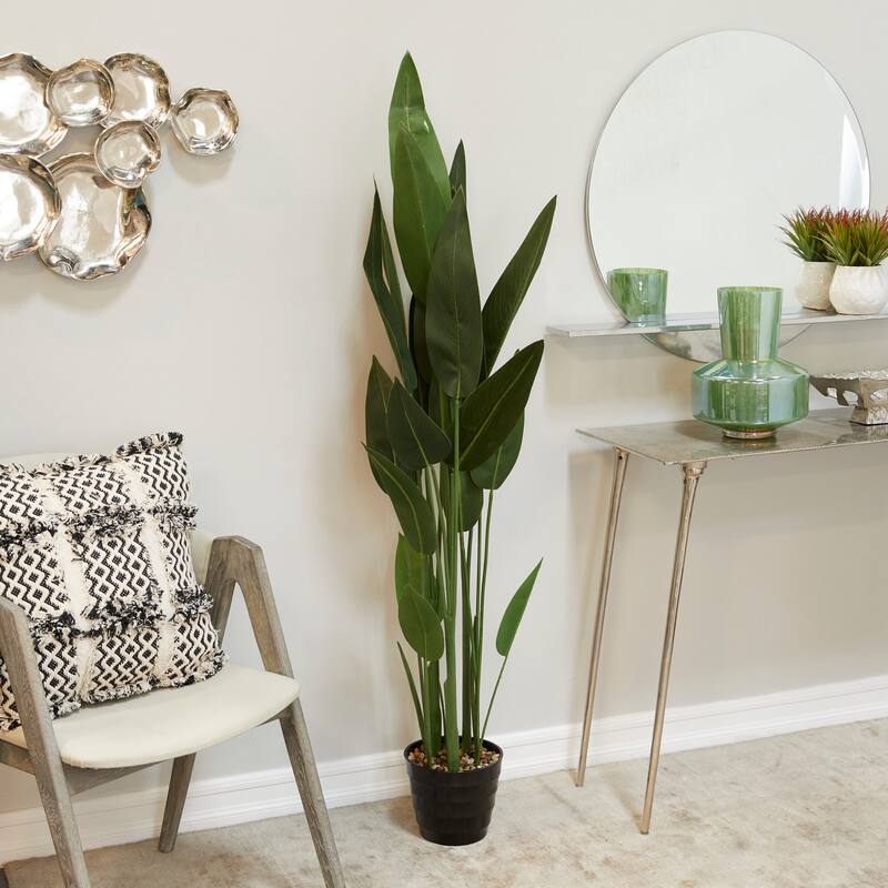Green Faux Foliage Bird of Paradise Artificial Plant with Realistic Leaves and Black Fluted Pot - 21 x 21 x 61 - Green