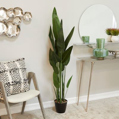Green Faux Foliage Bird of Paradise Artificial Plant with Realistic Leaves and Black Fluted Pot - 21 x 21 x 61