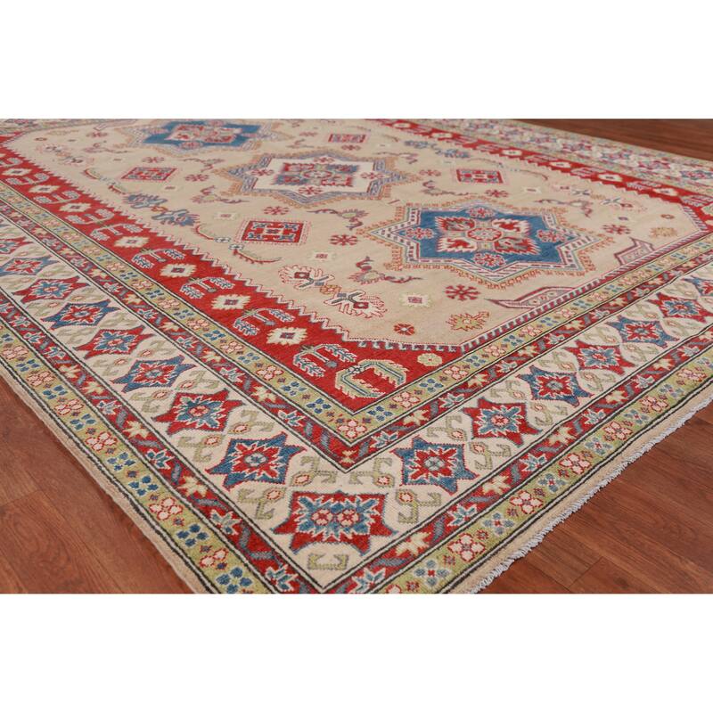 Hand Knotted Oriental 100% Wool Carpet Traditional Geometric Peach Kazak Area Rug - 9' 9'' X 8' 4''