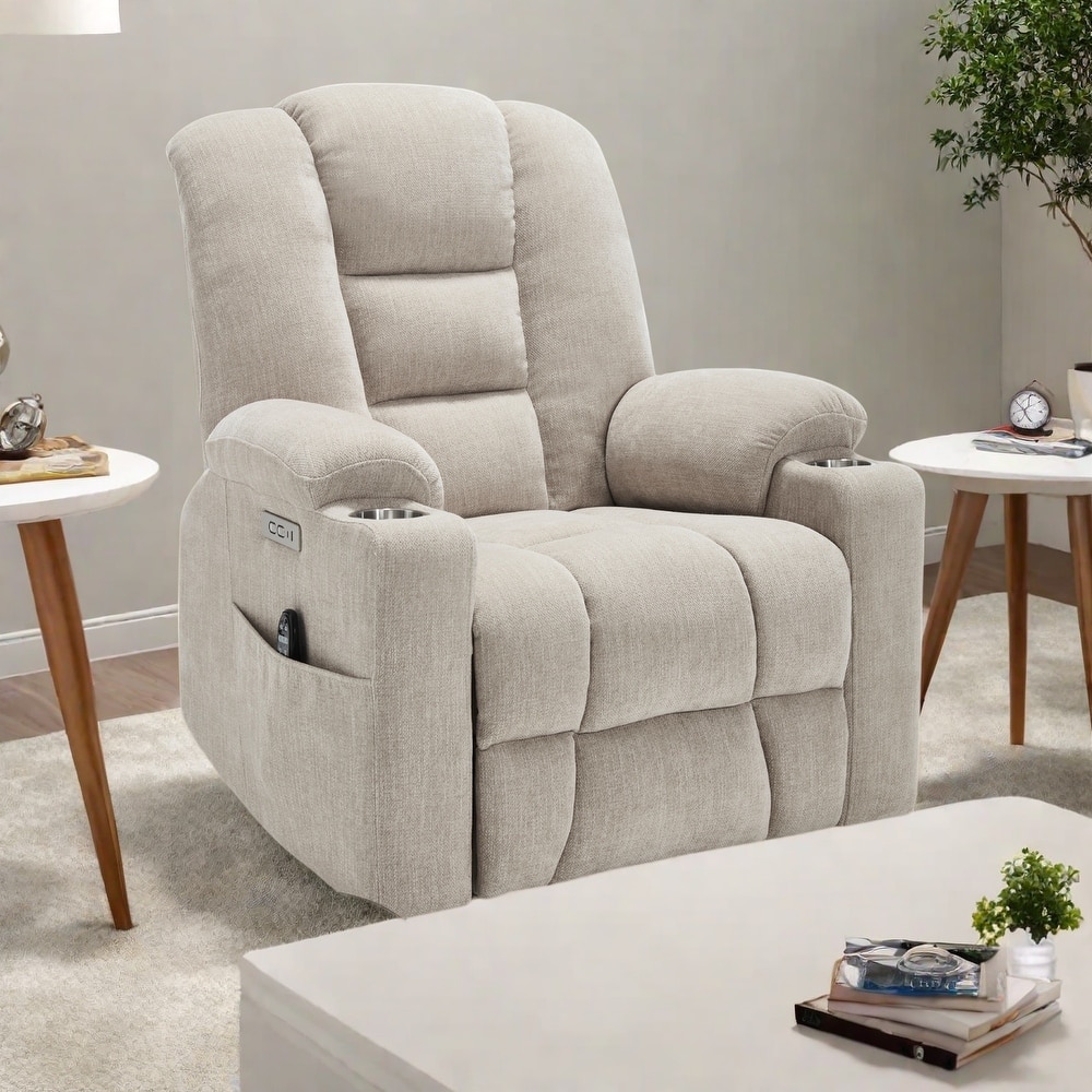 Power Lift Recliner Chair with Dual USB Ports, Cup Holders, Chenille Fabric, 155° Recline, Easy Assembly