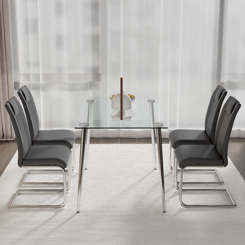 Modern Rectangular Dining Table Set for 4, 51" Glass Table with 4 Faux Leather Chairs, 5-Piece Stylish Dining Table & Chair Set