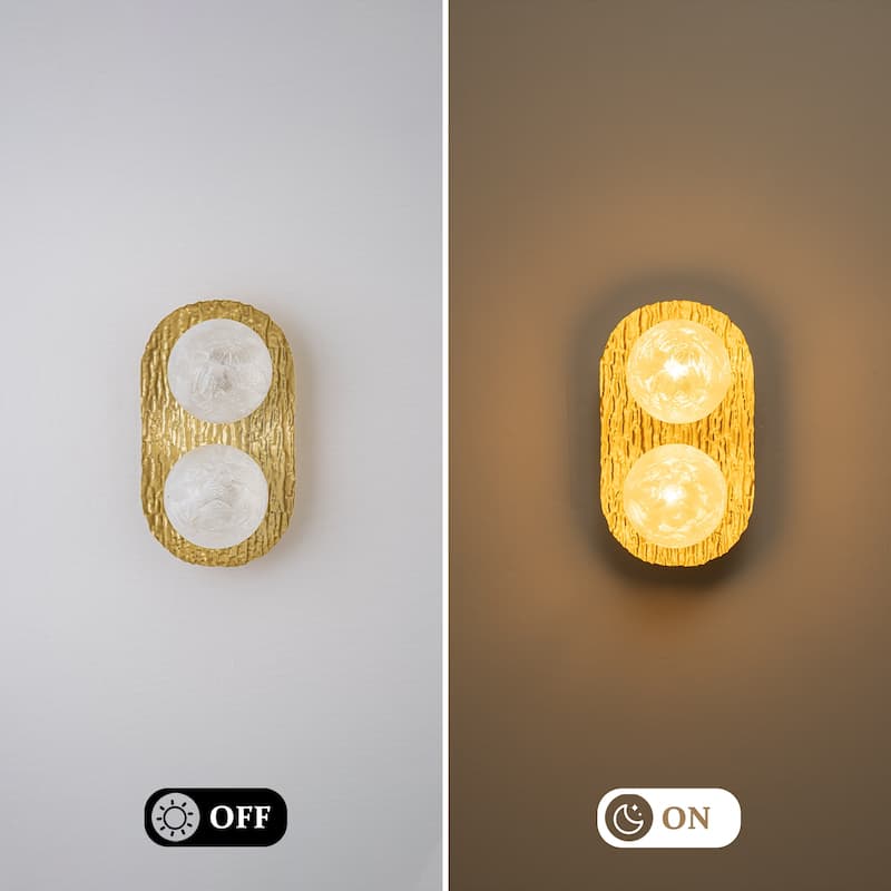 2-Light Textured Gold Metal Wall Sconce Frosted Crackled Glass Globe