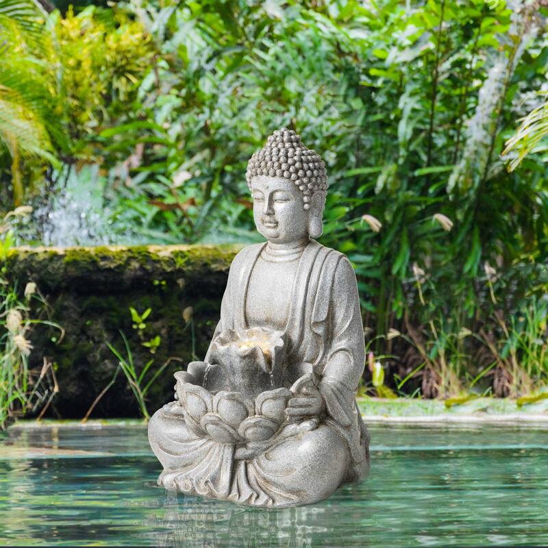 Glitzhome Polyresin Meditating Buddha Frog/Elephant Statue Outdoor Water Fountain with LED Lights - Grey - 23.25"H Buddha