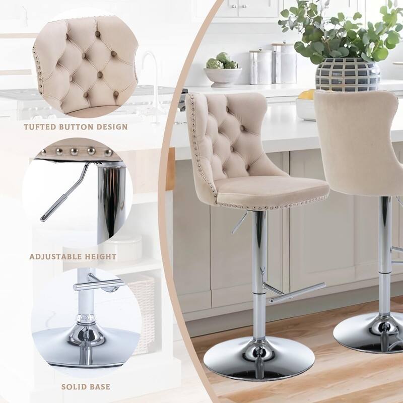 Velvet Upholstered Nailheads Tufted Swivel Bar Stools (Set of 6)