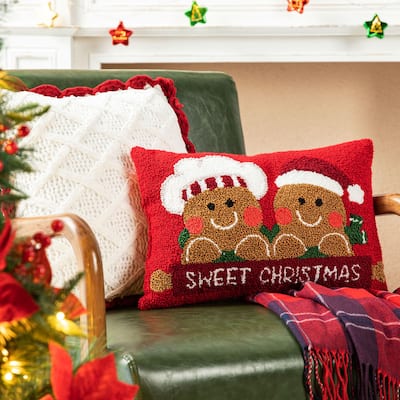 Glitzhome 18"L Hooked Gingerbread Boy & Girl Christmas Throw Pillow