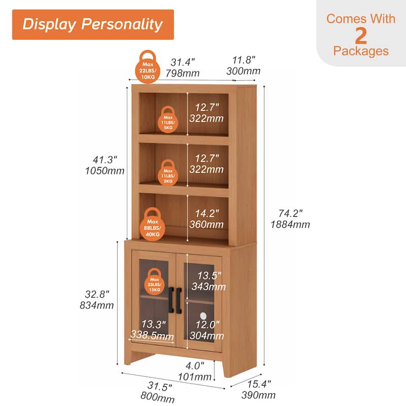 WAMPAT 3 Tier Bookshelf with Glass Door, 74" Tall Bookcase with Adjustable Shelf and Storage Cabinet, Farmhouse Wooden Bookshelf