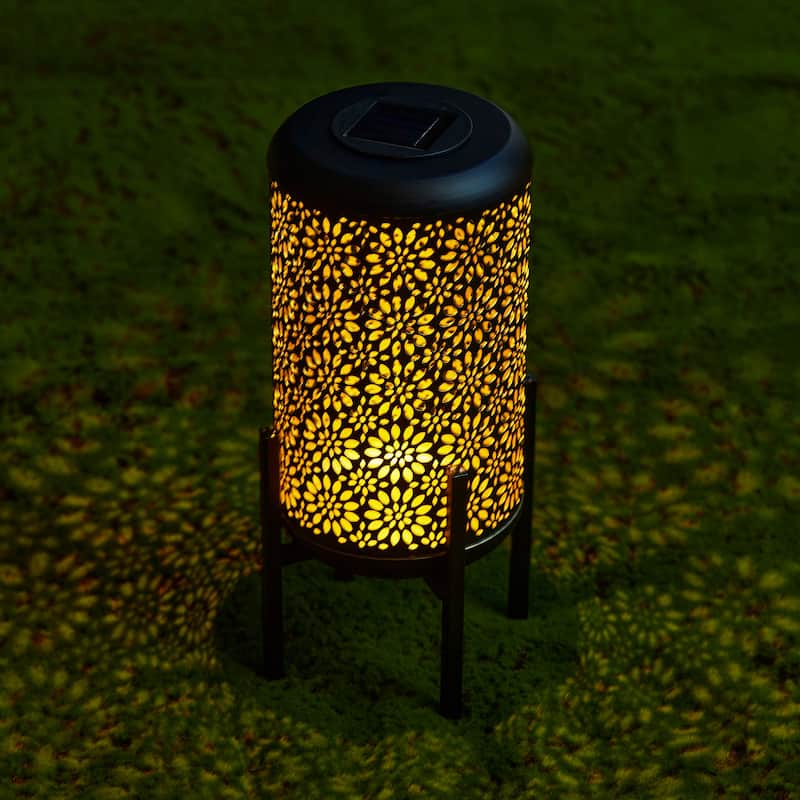 Glitzhome 14"H Outdoor Metal Cutout Flower/Leaves Solar Light Standing Lanterns Waterproof