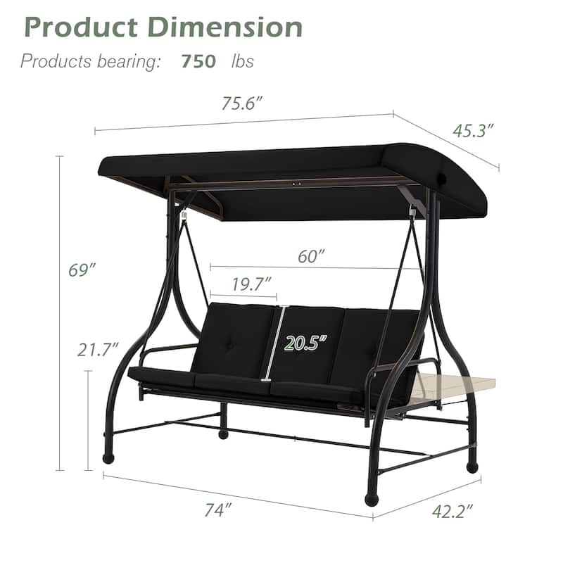 AECOJOY 3-Seat Outdoor Porch Swing w/ Canopy Outdoor Swing Bed