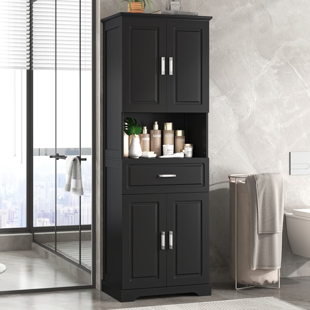 Roomfitters Tall Bathroom Cabinet with Four Doors, Open Shelf and Upper Storage Compartment for Extra Capacity, Black