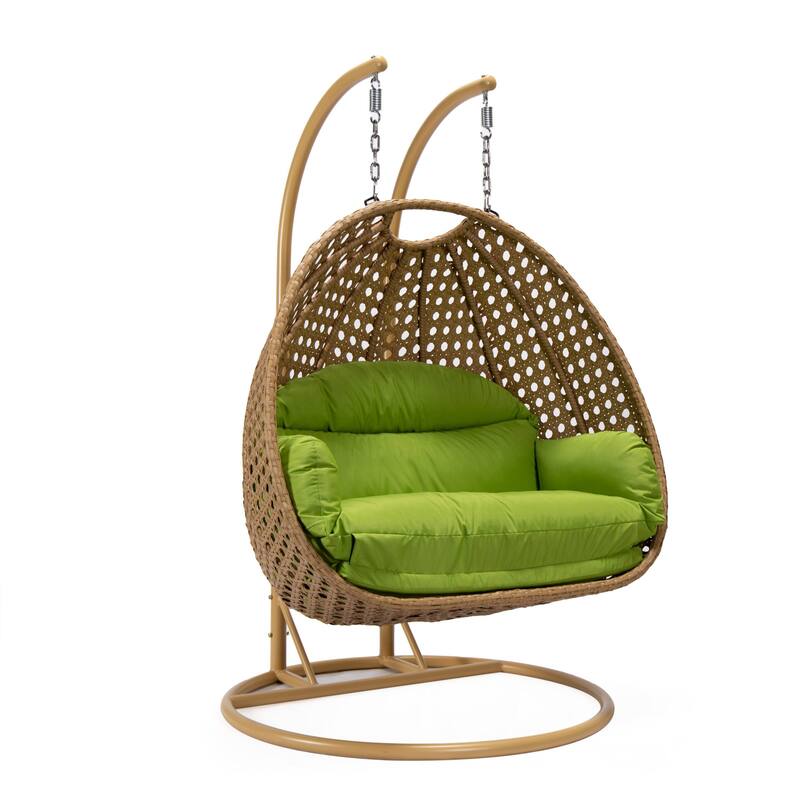 LeisureMod Mendoza 2-Person Hanging Egg Swing Chair - Handcrafted Light Brown Wicker, Patio Hammock Lounger with Cushions - 53" - Light Green
