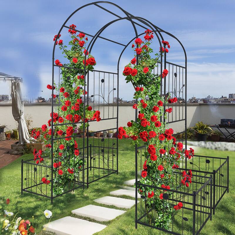 Metal Garden Arch with two plant stands 79.5'' Wide x 86.6'' High Climbing Plants Support Rose Arch Outdoor