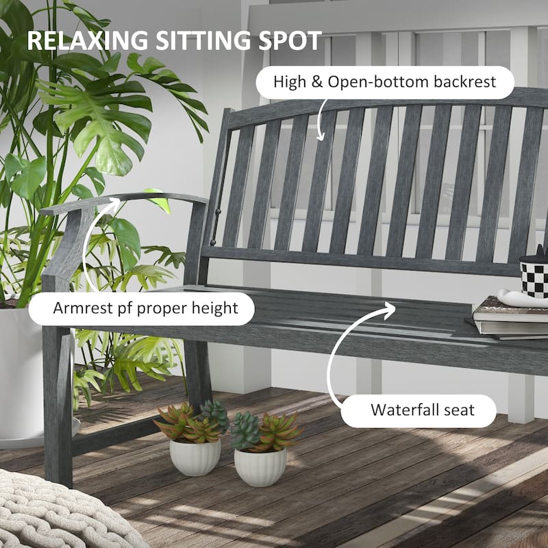 46" Outdoor Metal Garden Bench with Armrests, Tilted Backrest,Wood Look Slatted
