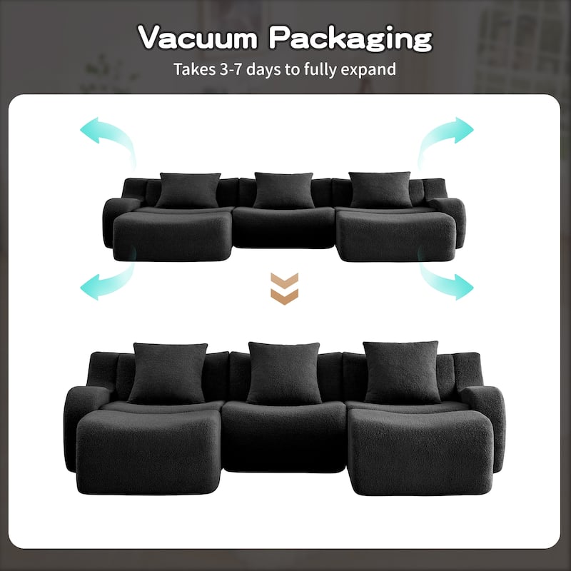 Sectional Couches for Living Room U-Shaped Boneless Couch, 3-Seat Sofa with Movable Ottoman, Floor Modular Teddy Fabric Sofa
