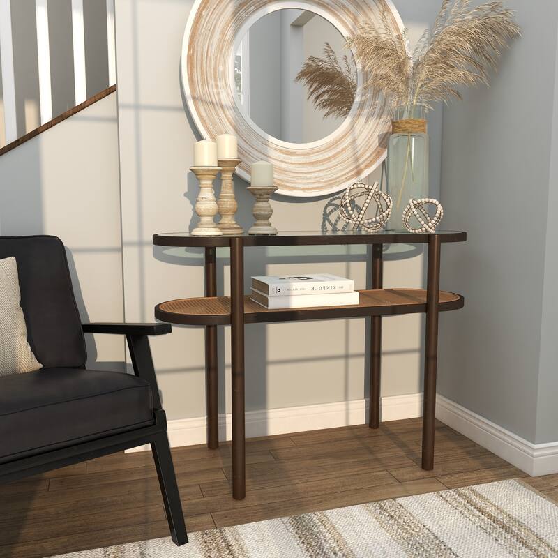 Rattan Oval 1 Shelf Console Table with Pressed Tempered Glass Top and Metal Legs - Brown - Roche River Decor