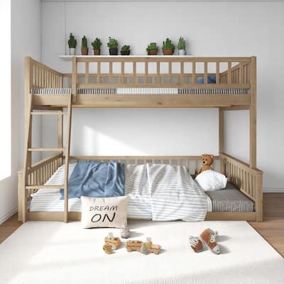 Full XL/Twin XL Over Queen Bunk Bed with Ladder & Guardrails, Solid Wood Frame, Convertible Design, No Box Spring