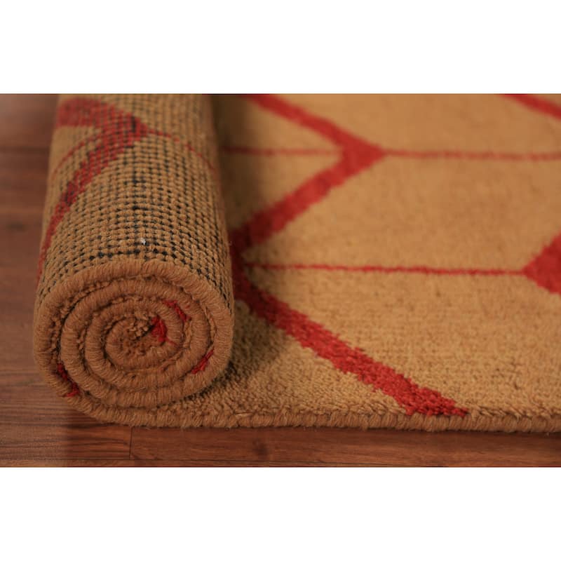 Hand Knotted Oriental 100% Wool Carpet Modern Geometric Oranges & Rust Moroccan Runner Rug - 9' 10'' X 2' 9''