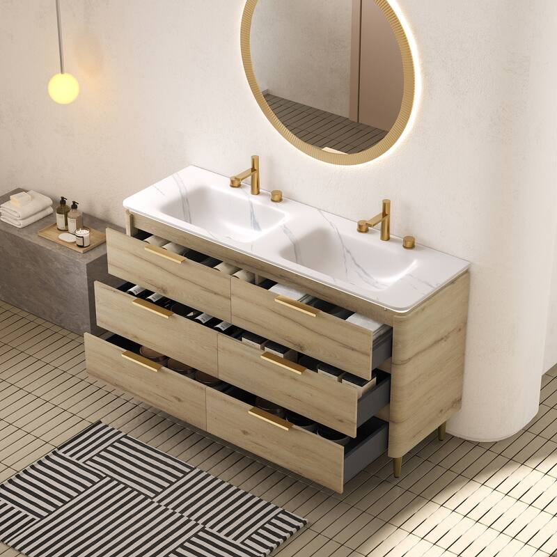 60'' Freestanding Bathroom Vanity with Double Sintered Stone Basins - 59.84'' x 20.47'' x 34.69''