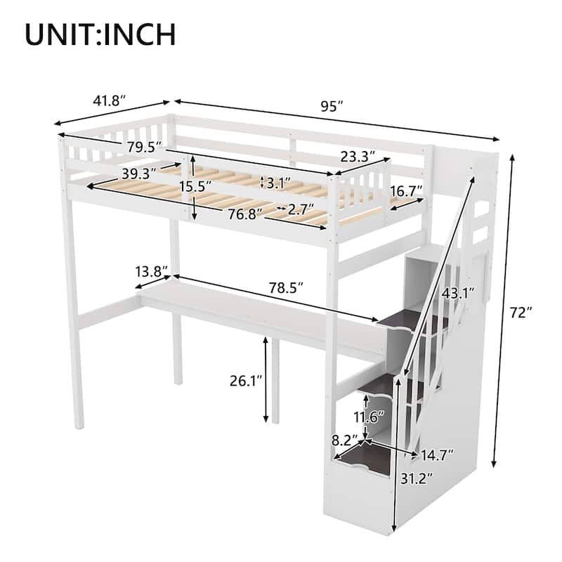 Twin Size Loft Bed with Storage Staircase and Built-in Desk, White ...
