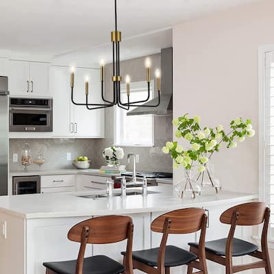 YANSUN 6-Light Black and Brass Dining Chandelier Vintage Farmhouse Candlestick Kitchen Island Hanging Pendant Light - 23.6 in.