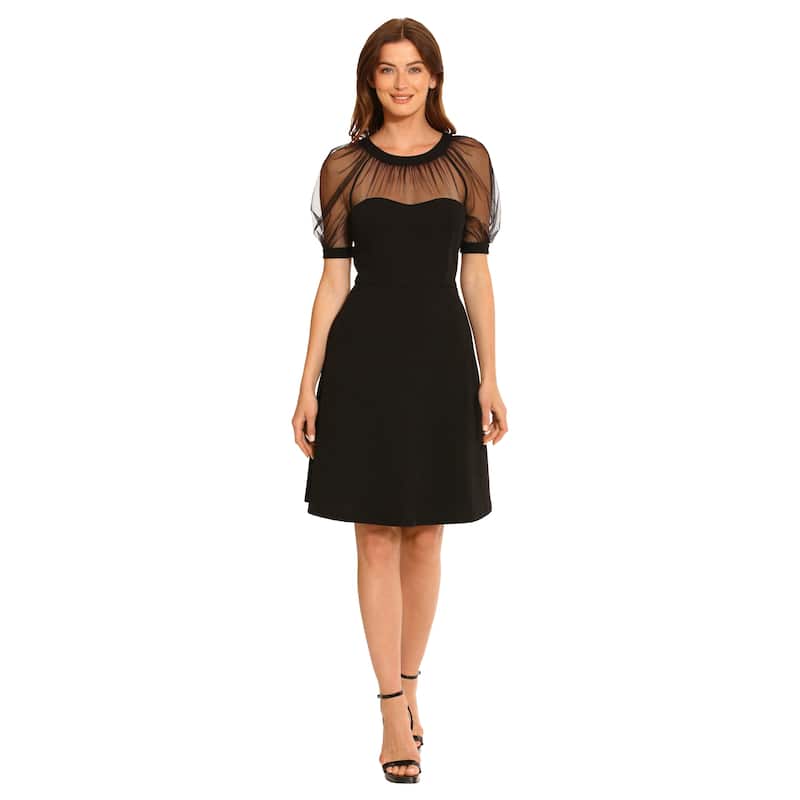 Round Neck Short Puff Sleeve A-Line Knee-Length Dress With Mesh Yoke And Scuba Crepe Body